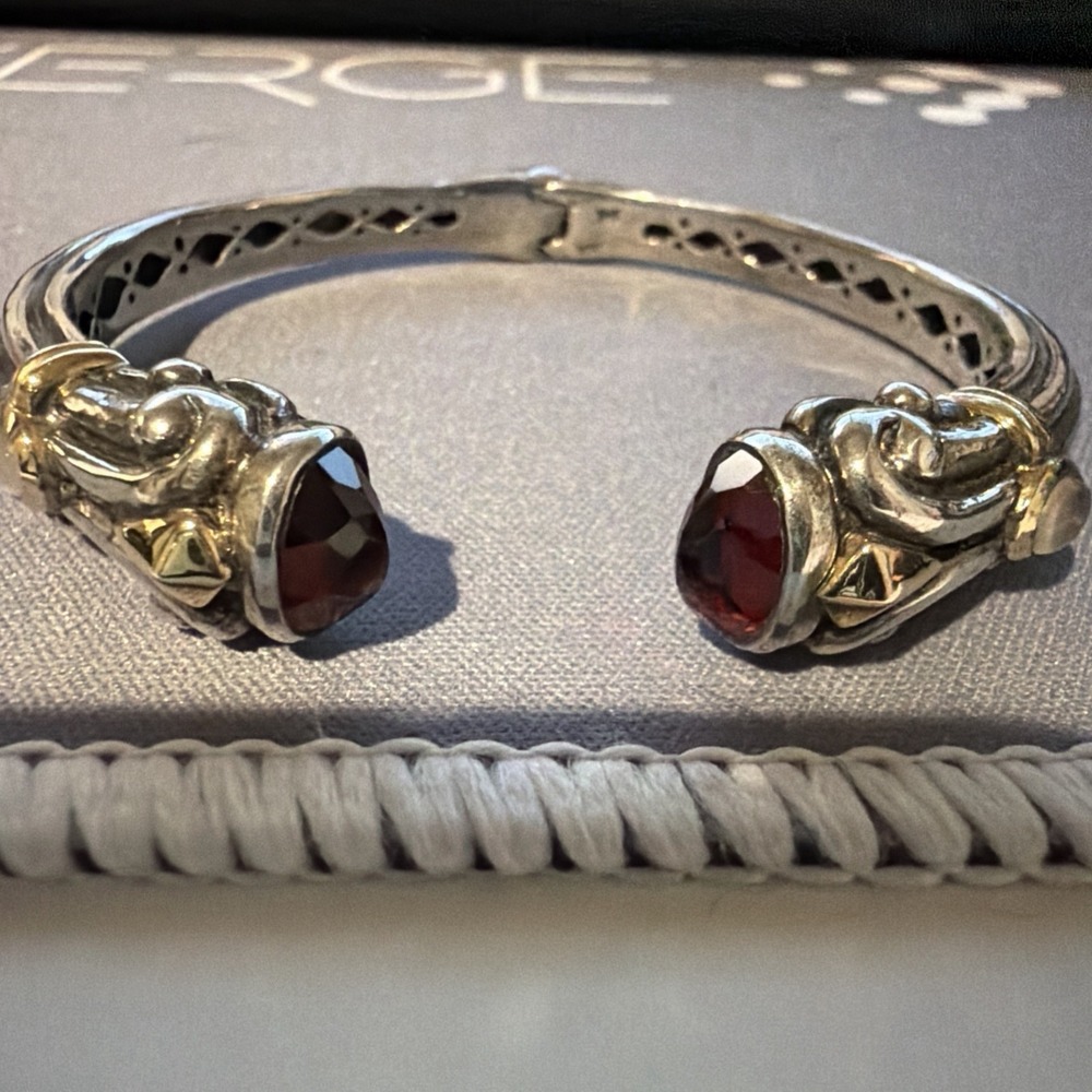 BJC Samuel Benham Jewelry Corp Hinged Cuff Bracelet with Garnet 14K 925 Silver